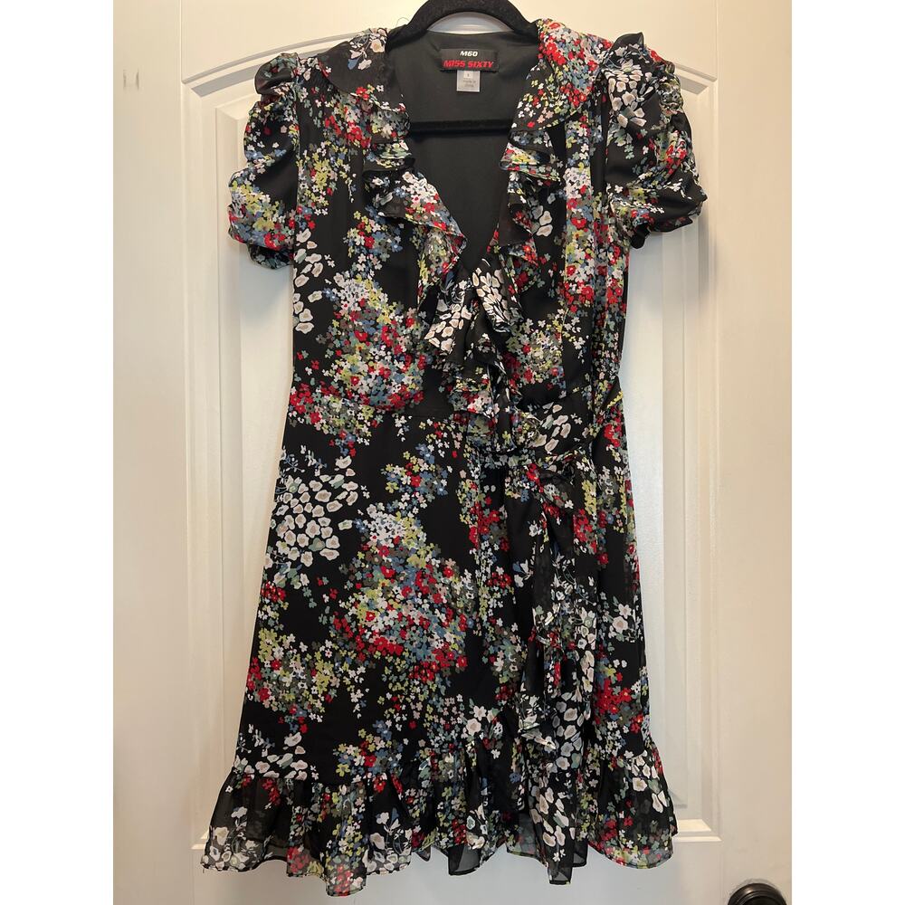 M60 Miss Sixty Women’s Floral Ruffled Short Puff Sleeves Dress Size 8 Multicolor